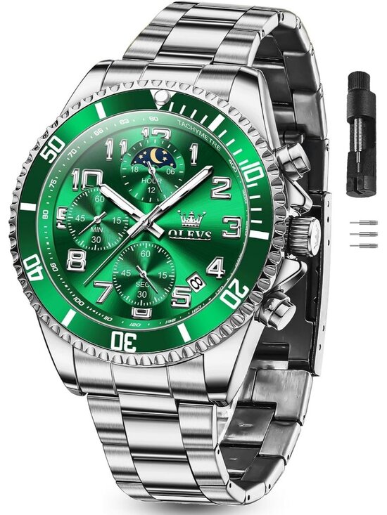 Other - Men's Silver Green Stainless Steel Waterproof Quartz Big Face Fashion Wristwatch